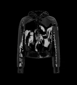 PERFORATED PATENT CALF LEATHER HOODED BOMBER JACKET
