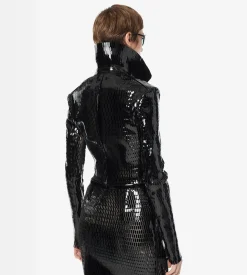 PERFORATED PATENT CALF LEATHER DOUBLE BREASTED JACKET