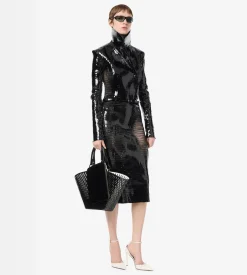 PERFORATED PATENT CALF LEATHER DOUBLE BREASTED JACKET