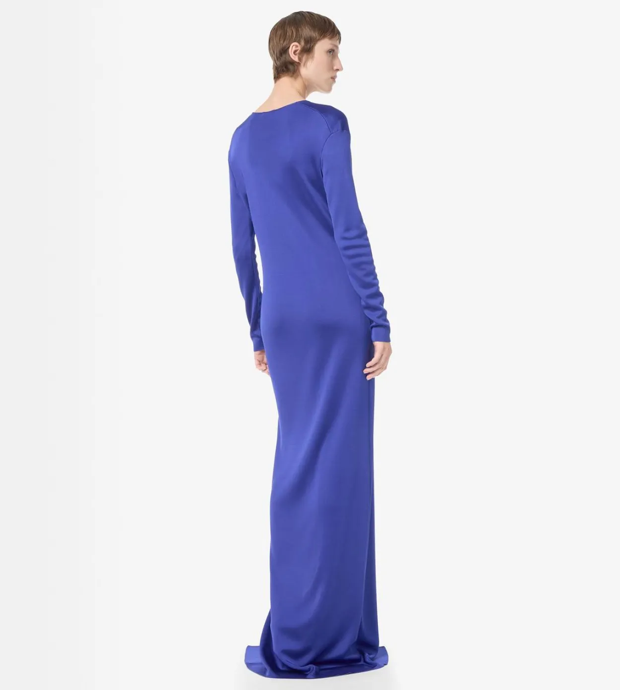 PLUNGE NECK FINE KNIT EVENING DRESS WITH HIGH FRONT