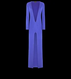 PLUNGE NECK FINE KNIT EVENING DRESS WITH HIGH FRONT