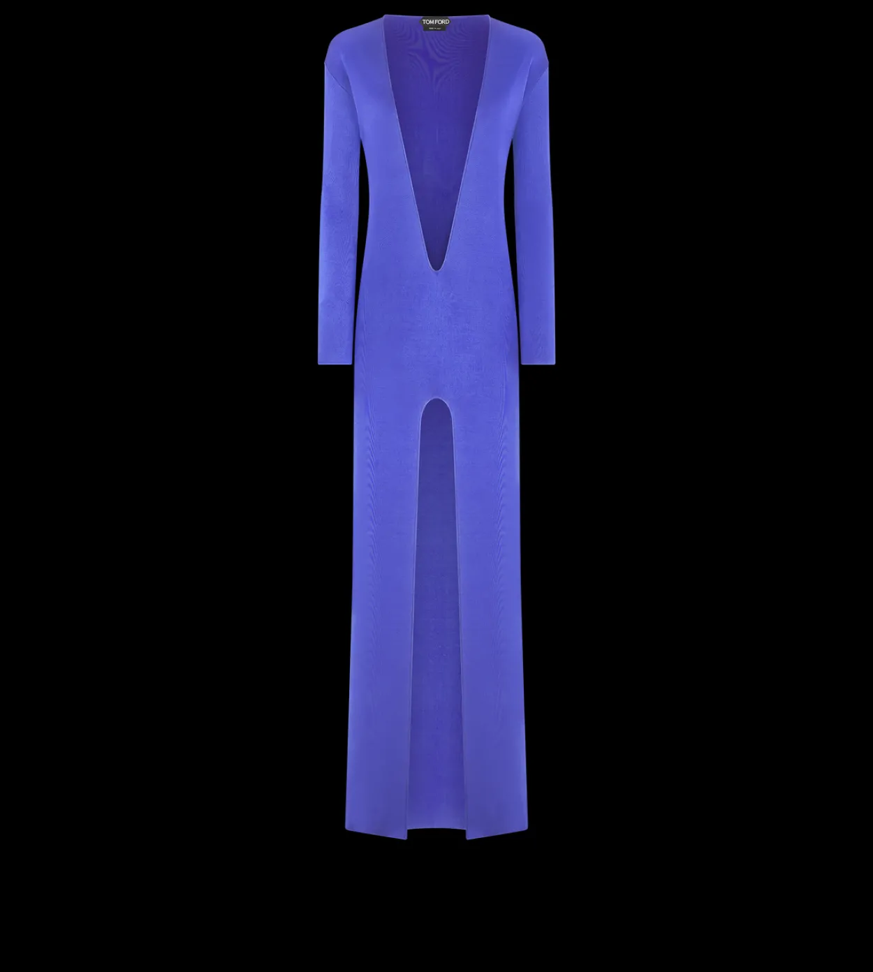 PLUNGE NECK FINE KNIT EVENING DRESS WITH HIGH FRONT