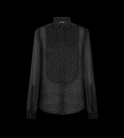POLKA DOT SILK CHIFFON TUXEDO SHIRT WITH PLEATED PLASTRON
