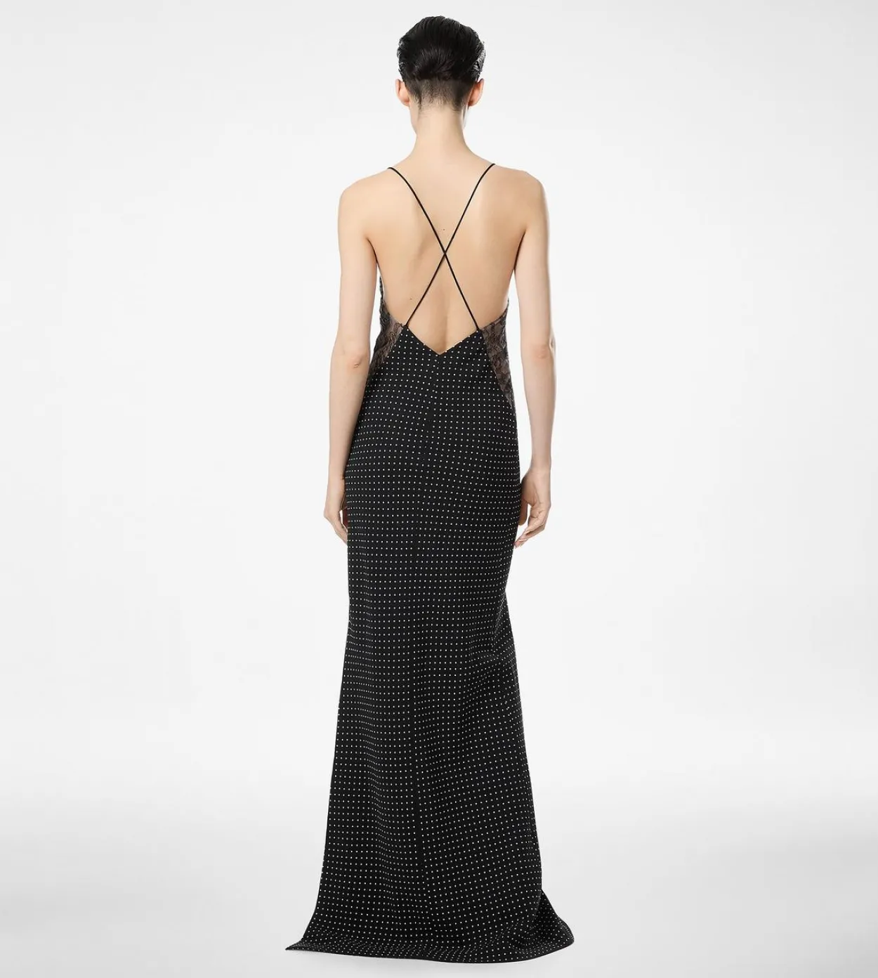 POLKA DOT SILK CREPE CAMISOLE EVENING DRESS WITH LACE DETAIL