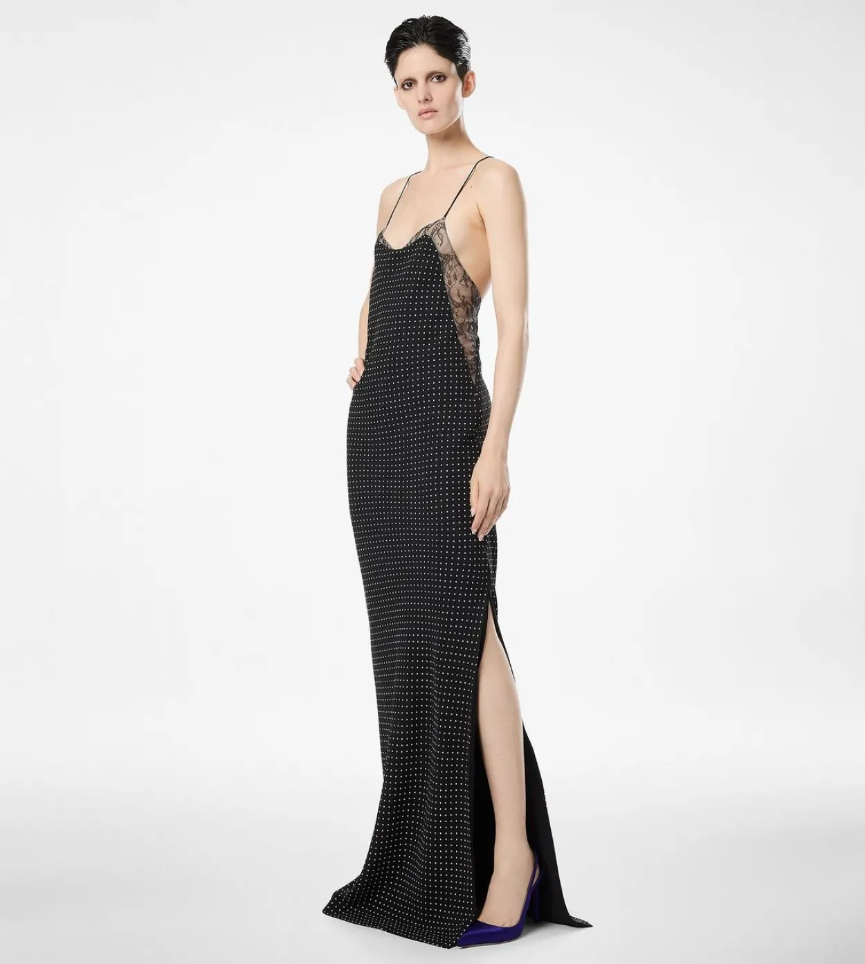 POLKA DOT SILK CREPE CAMISOLE EVENING DRESS WITH LACE DETAIL