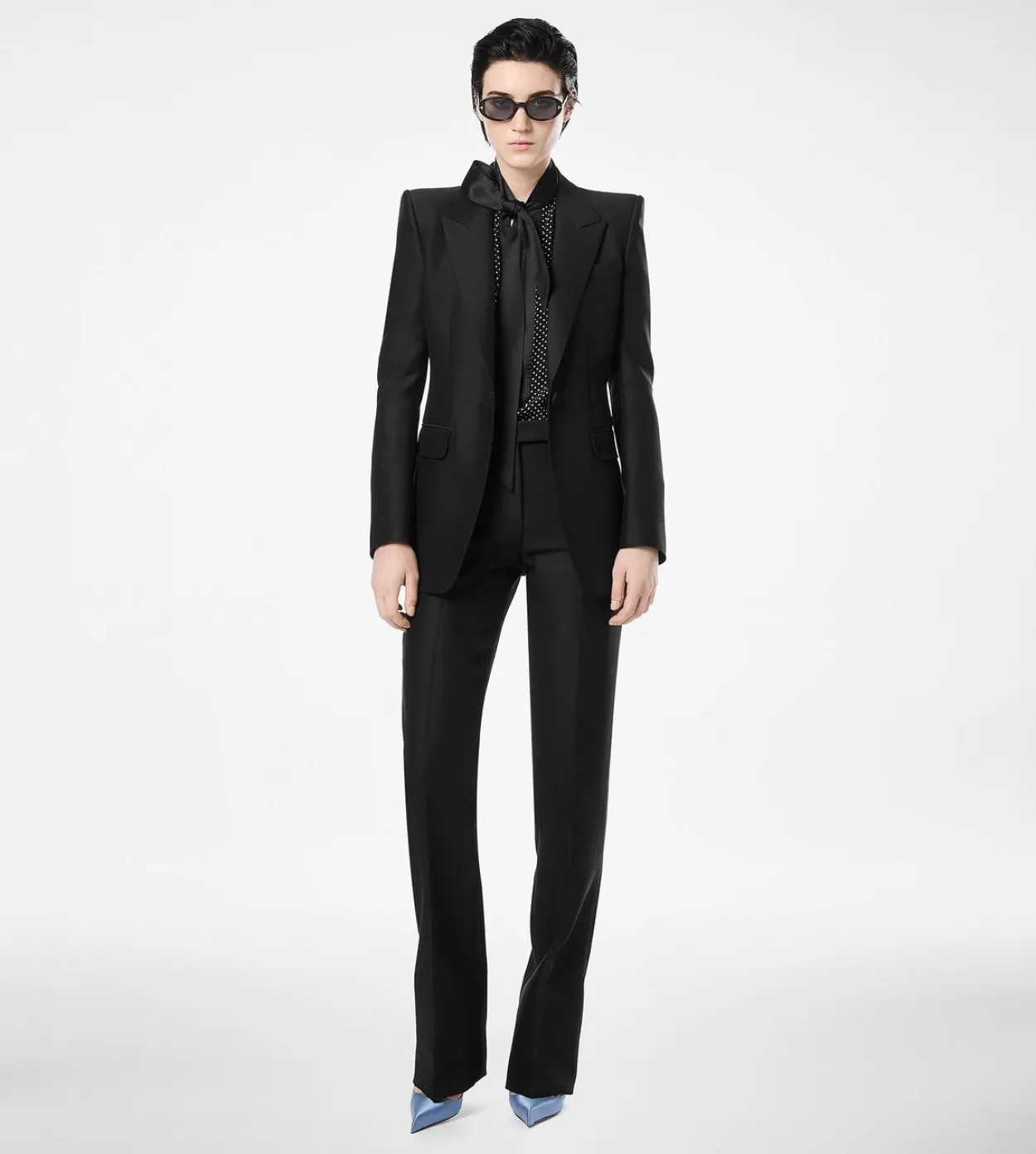 POLKA DOT SILK CREPE DE CHINE LAVALLIERE TUNIC TOP WITH TUXEDO DETAILS