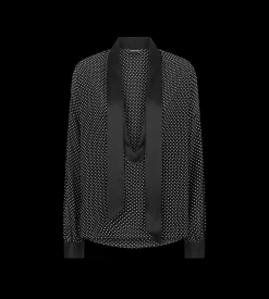 POLKA DOT SILK CREPE DE CHINE LAVALLIERE TUNIC TOP WITH TUXEDO DETAILS