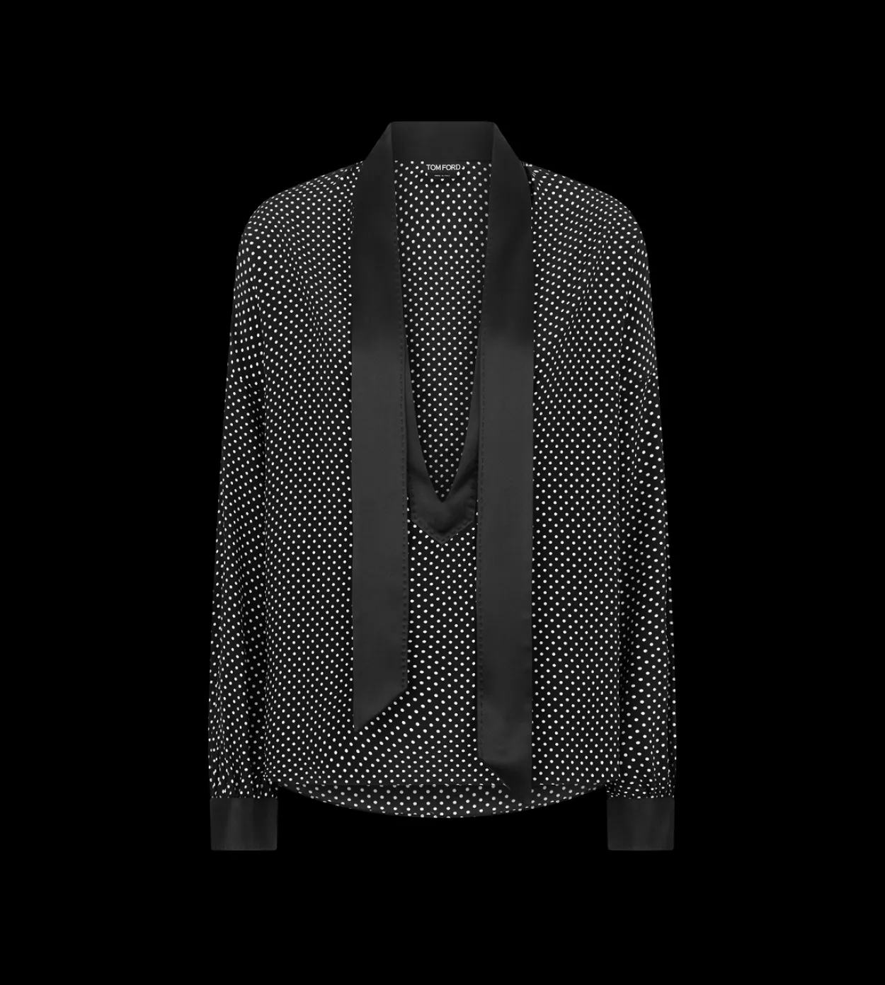 POLKA DOT SILK CREPE DE CHINE LAVALLIERE TUNIC TOP WITH TUXEDO DETAILS