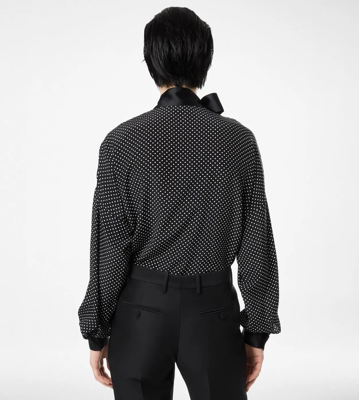 POLKA DOT SILK CREPE DE CHINE LAVALLIERE TUNIC TOP WITH TUXEDO DETAILS