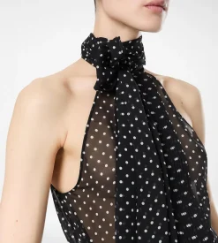 POLKA DOT SILK GEORGETTE HALTERNECK LAVALLIERE TOP WITH PLISSE DETAIL