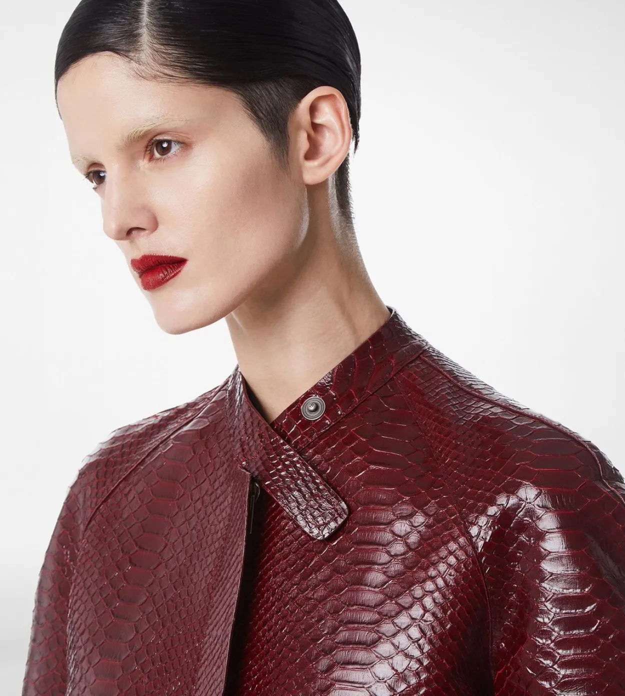PRINTED LEATHER AND WASHED DUCHESSE BIKER COAT