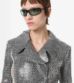 PRINTED PERFORATED CALF LEATHER DOUBLE BREASTED TRENCH COAT WITH SELF BELT