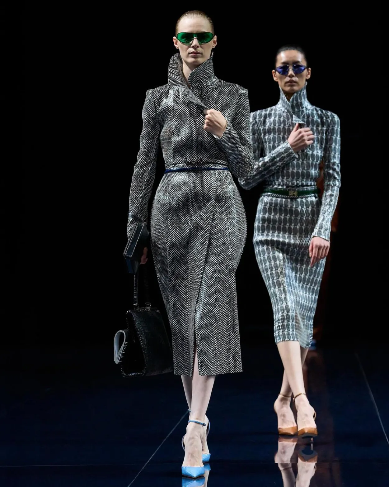 PRINTED PERFORATED CALF LEATHER DOUBLE BREASTED TRENCH COAT WITH SELF BELT
