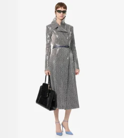 PRINTED PERFORATED CALF LEATHER DOUBLE BREASTED TRENCH COAT WITH SELF BELT