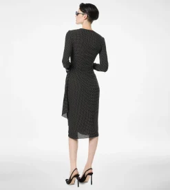 PRINTED SILK SABLE LONG SLEEVE DRESS WITH LEATHER DETAIL