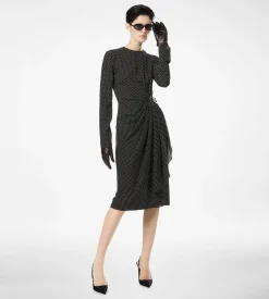 PRINTED SILK SABLE LONG SLEEVE DRESS WITH LEATHER DETAIL