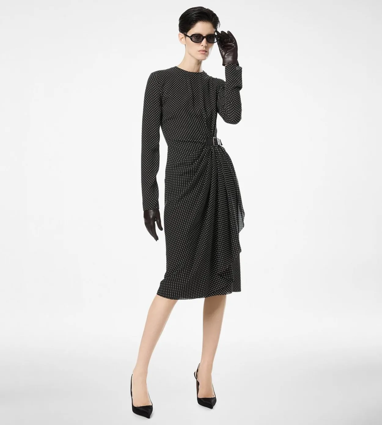 PRINTED SILK SABLE LONG SLEEVE DRESS WITH LEATHER DETAIL