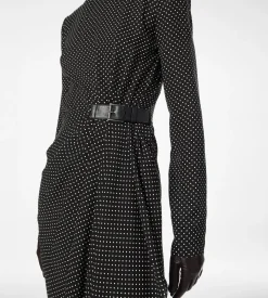PRINTED SILK SABLE LONG SLEEVE DRESS WITH LEATHER DETAIL