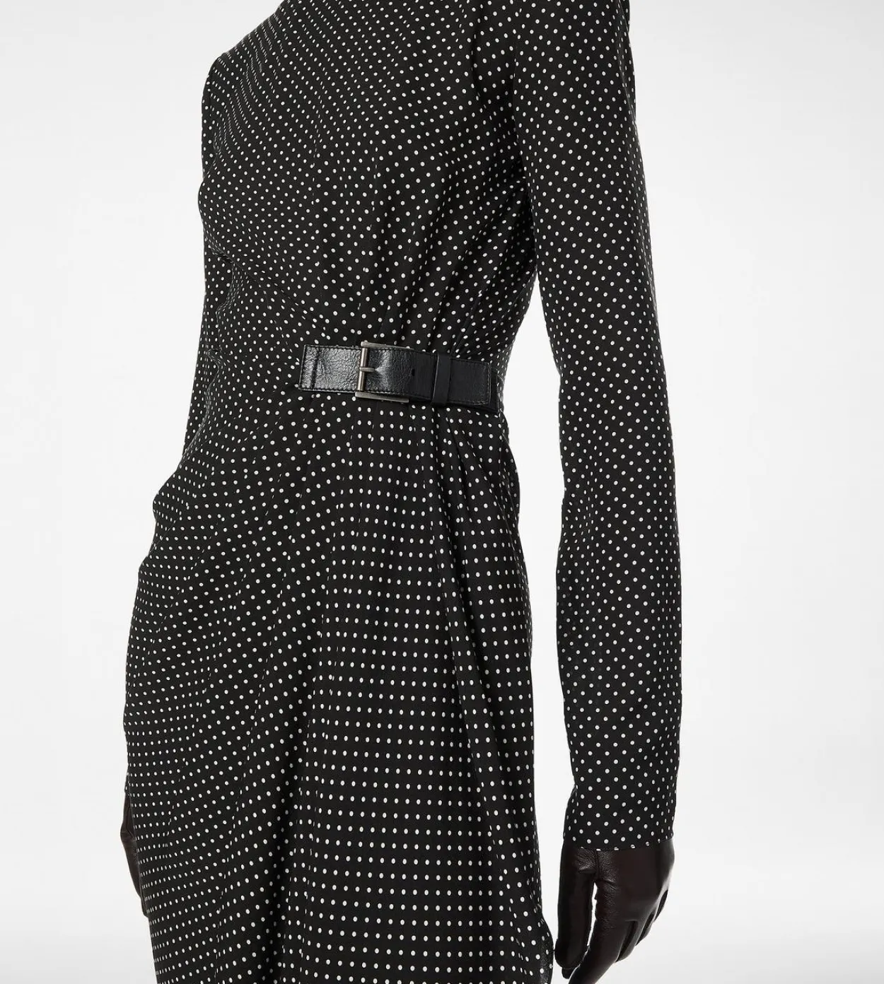 PRINTED SILK SABLE LONG SLEEVE DRESS WITH LEATHER DETAIL