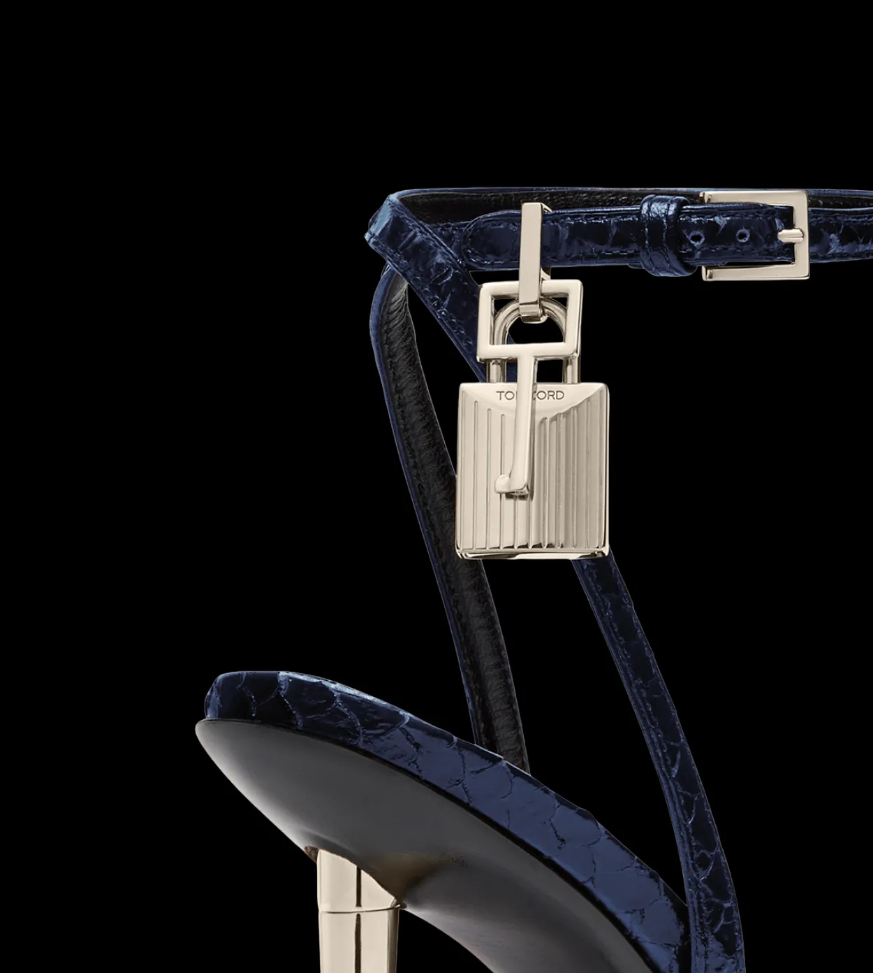 SEMI SHINY PRINTED PYTHON PADLOCK POINTY NAKED SANDAL