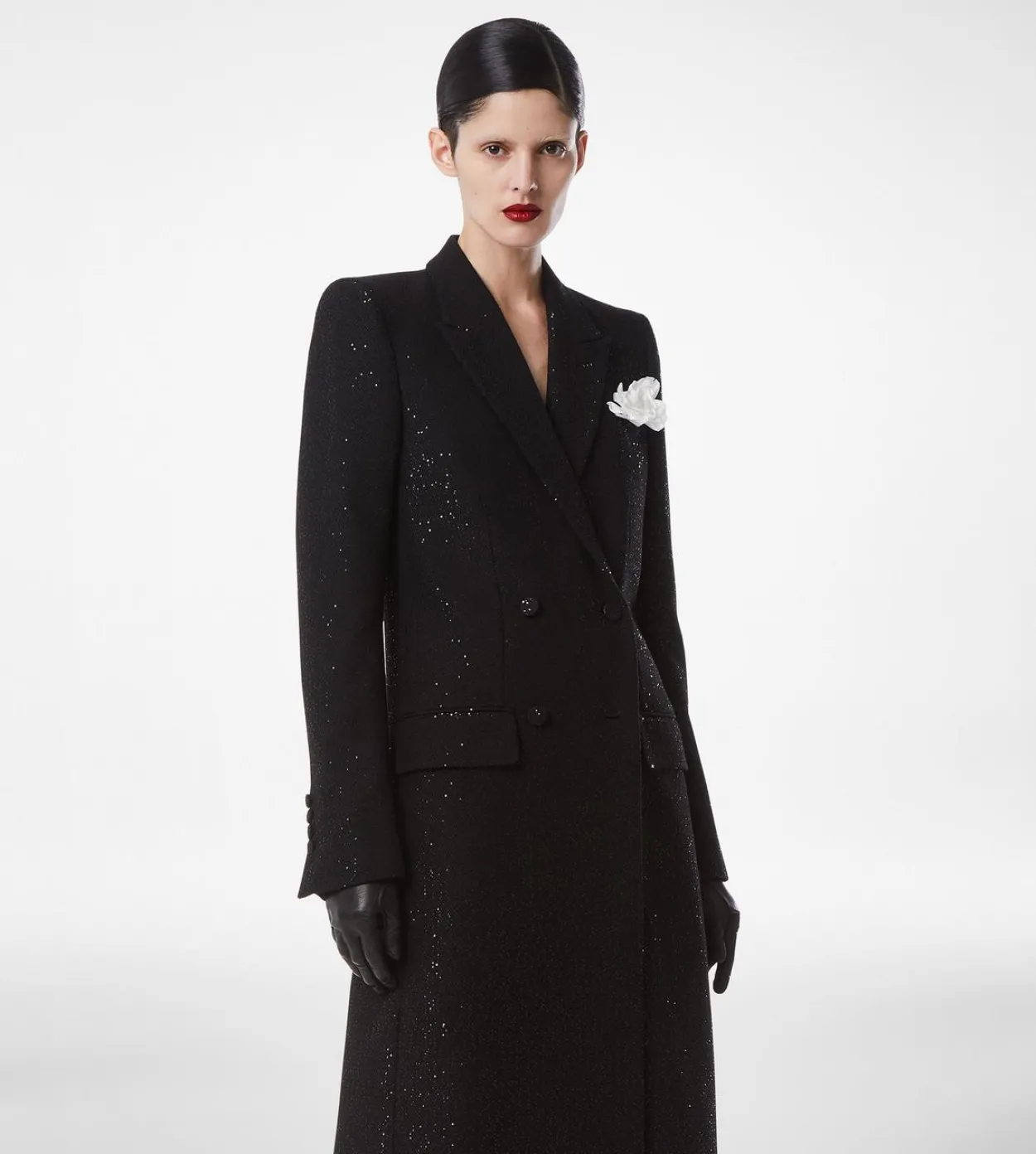 SEQUINED WOOL BLEND CREPE DOUBLE BREASTED COAT