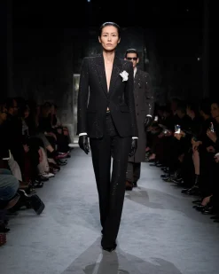 SEQUINED WOOL BLEND CREPE TAILORED STRAIGHT PANTS