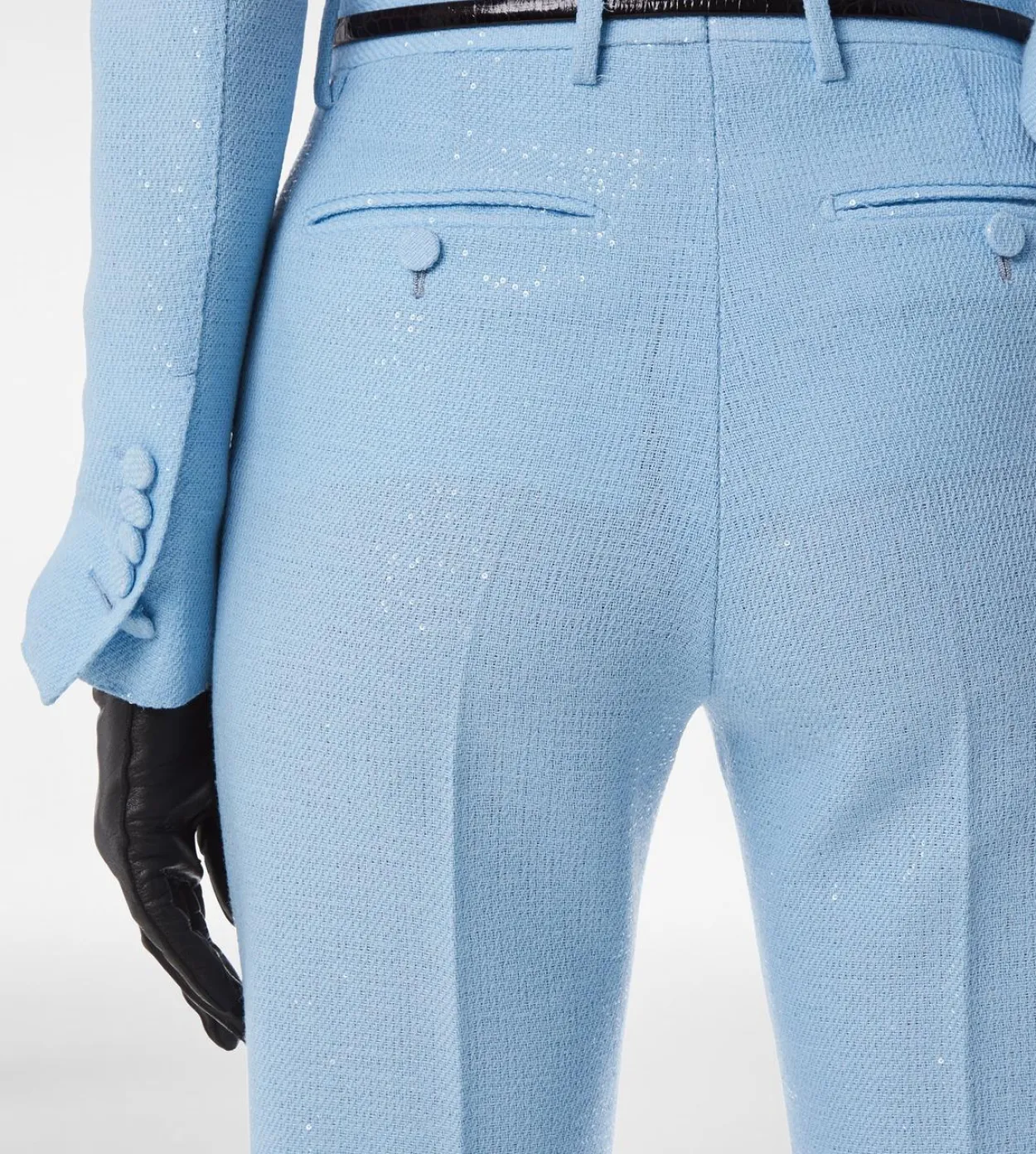 SEQUINED WOOL BLEND CREPE TAILORED STRAIGHT PANTS
