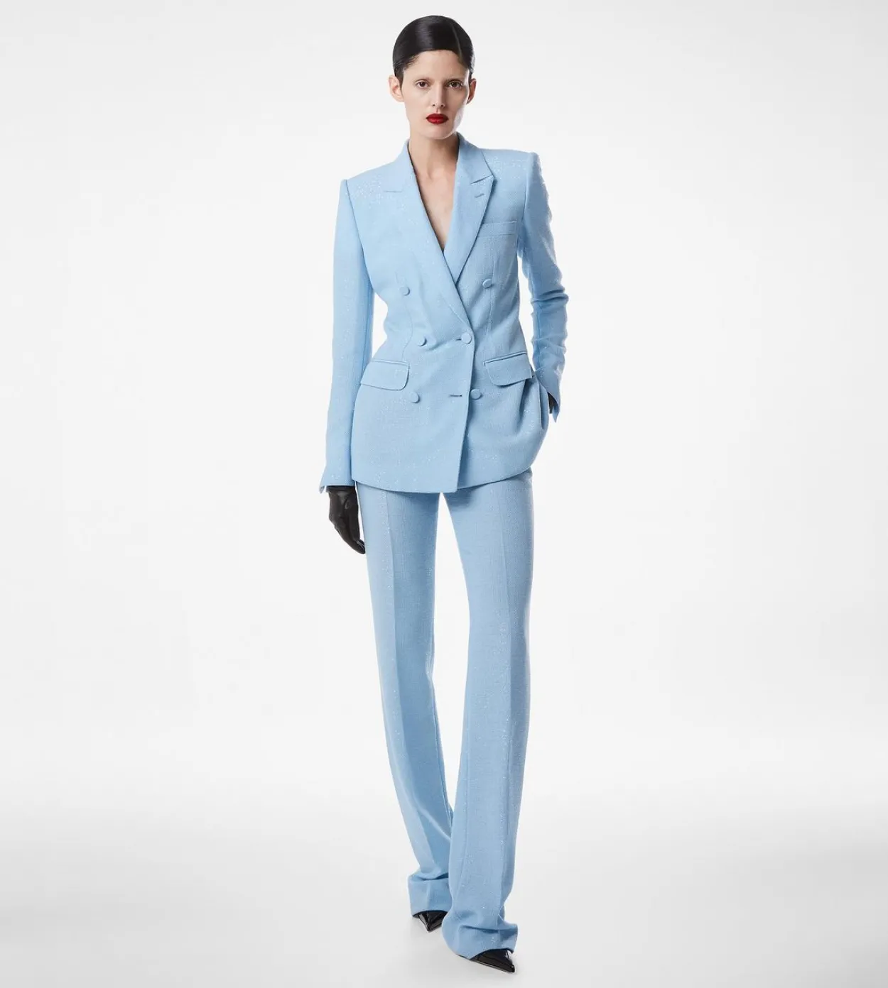 SEQUINED WOOL BLEND CREPE TAILORED STRAIGHT PANTS