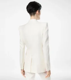 SHADOW STRIPE WOOL SILK DOUBLE BREASTED PEAK LAPEL JACKET