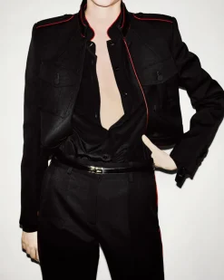 SHARP WOOL GABARDINE OFFICER PANTS WITH PIPING