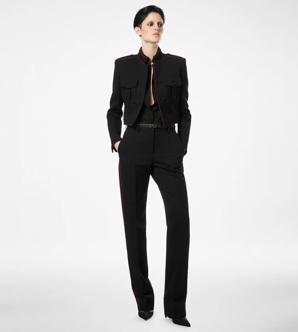 SHARP WOOL GABARDINE OFFICER PANTS WITH PIPING