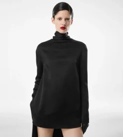 SHINY CREPE MOCK NECK COCKTAIL DRESS