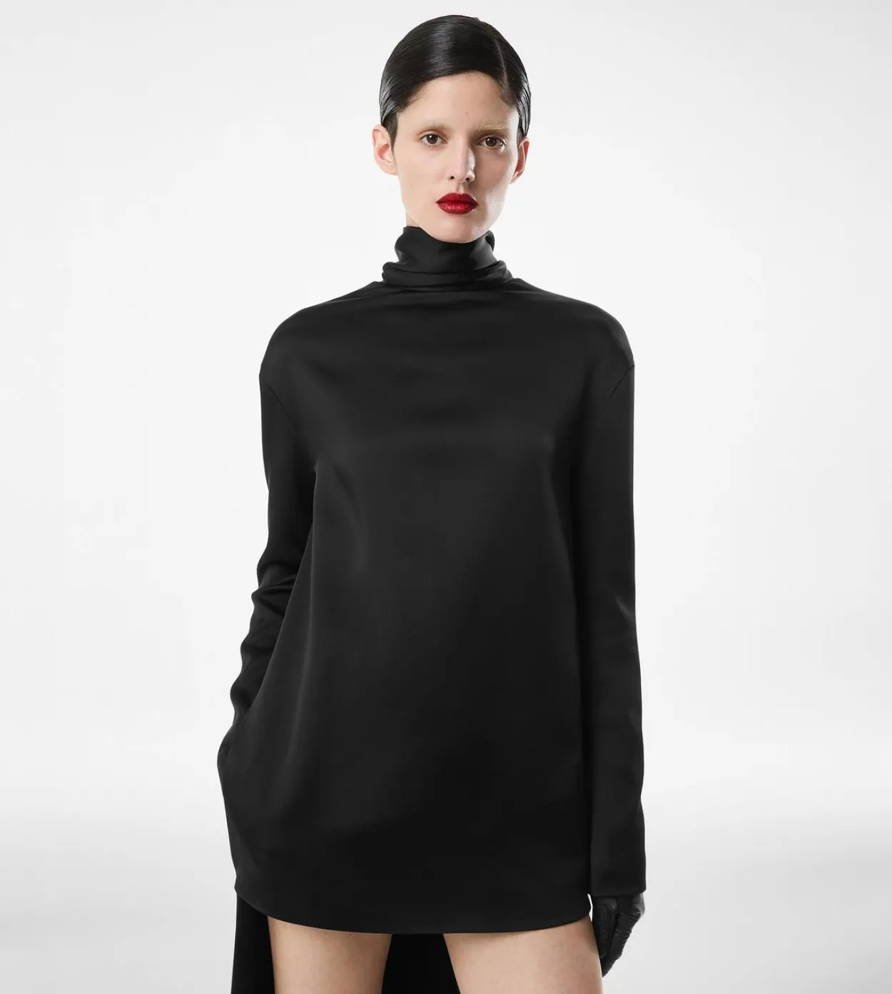 SHINY CREPE MOCK NECK COCKTAIL DRESS
