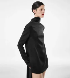 SHINY CREPE MOCK NECK COCKTAIL DRESS