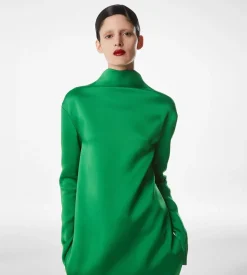 SHINY CREPE MOCK NECK COLUMN EVENING DRESS
