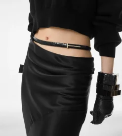 SHINY STAMPED CROCODILE LEATHER SLIM T BELT