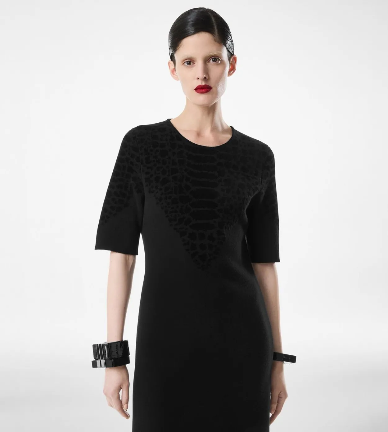 SILK CHENILLE EMBOSSED PYTHON CREWNECK DRESS