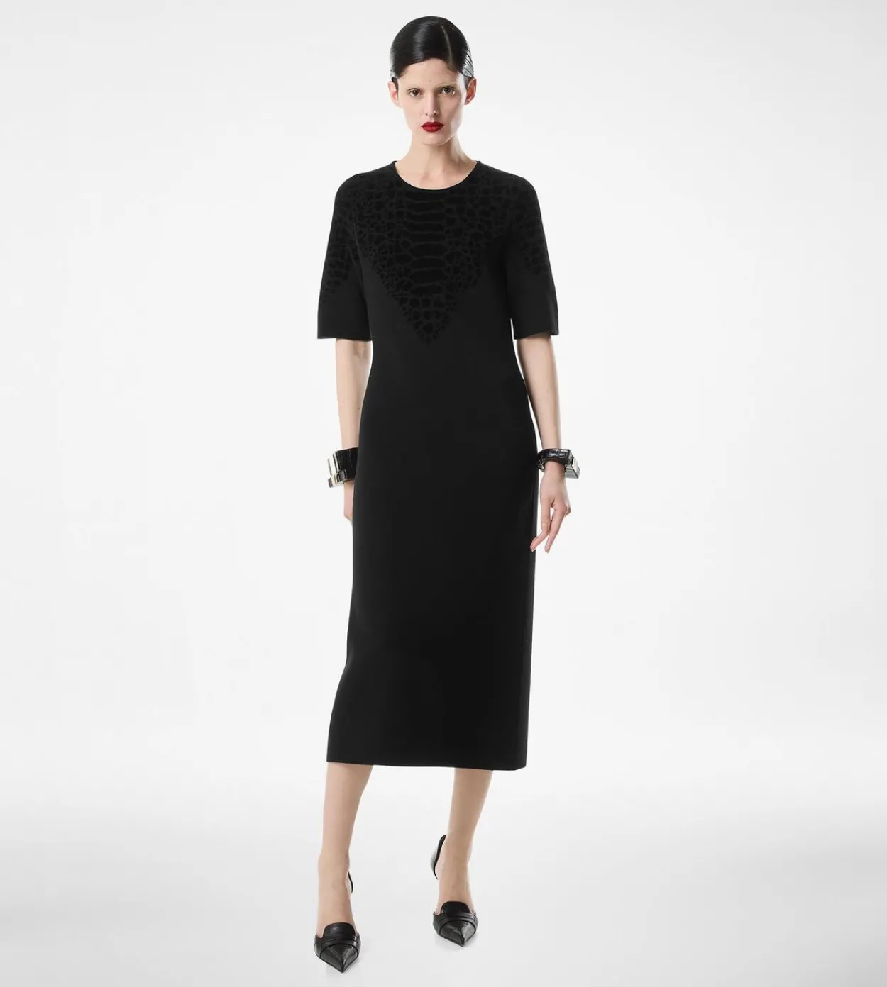 SILK CHENILLE EMBOSSED PYTHON CREWNECK DRESS