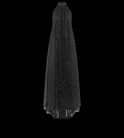 SILK HALTERNECK SUNRAY PLISSE EVENING DRESS WITH LEATHER DETAIL