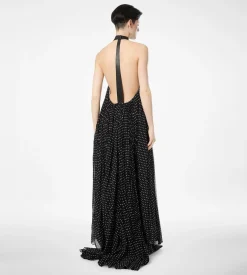SILK HALTERNECK SUNRAY PLISSE EVENING DRESS WITH LEATHER DETAIL