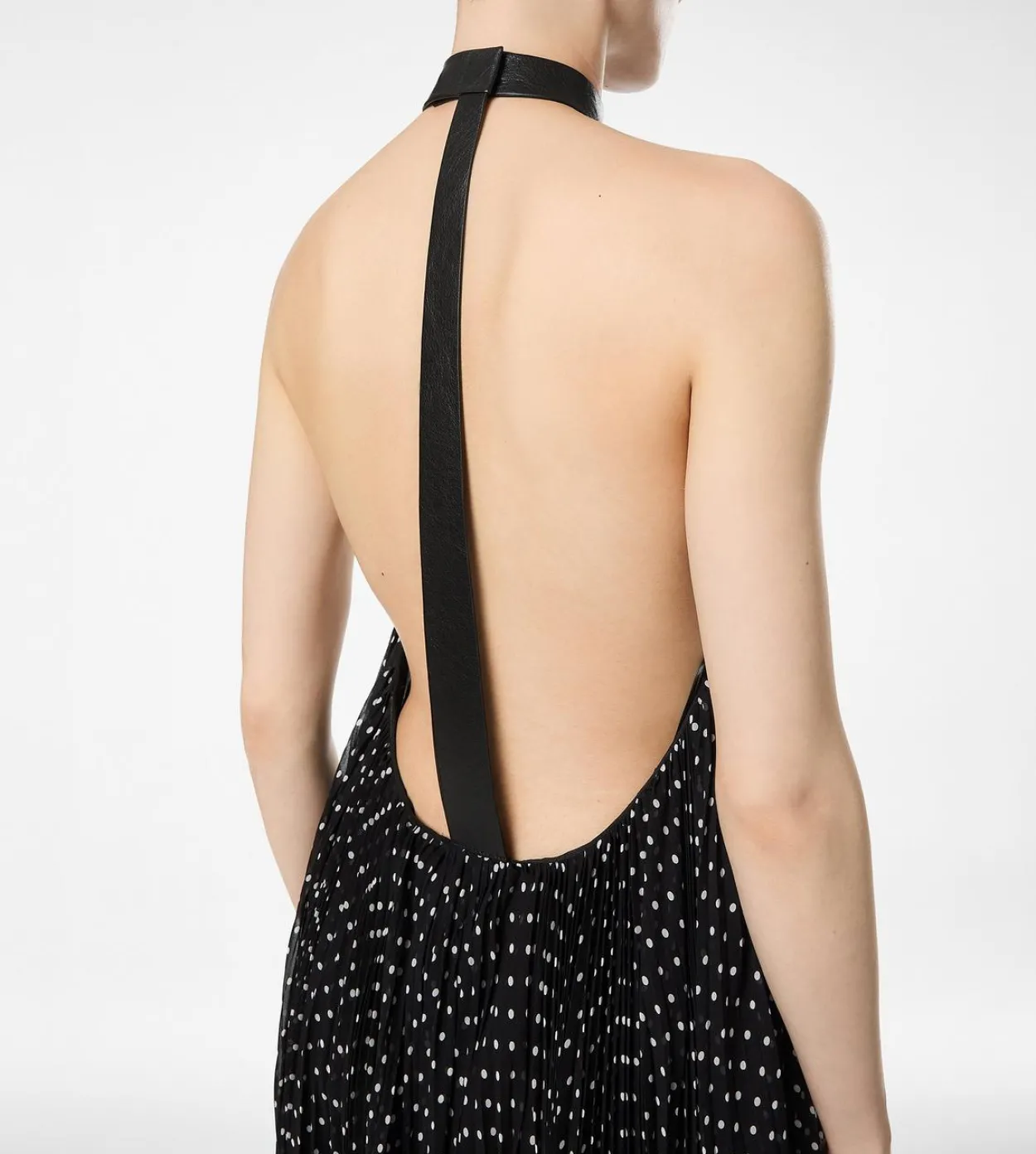 SILK HALTERNECK SUNRAY PLISSE EVENING DRESS WITH LEATHER DETAIL