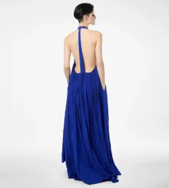 SILK HALTERNECK SUNRAY PLISSE EVENING DRESS