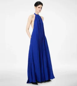 SILK HALTERNECK SUNRAY PLISSE EVENING DRESS