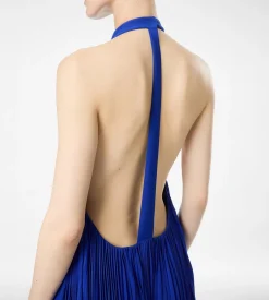 SILK HALTERNECK SUNRAY PLISSE EVENING DRESS