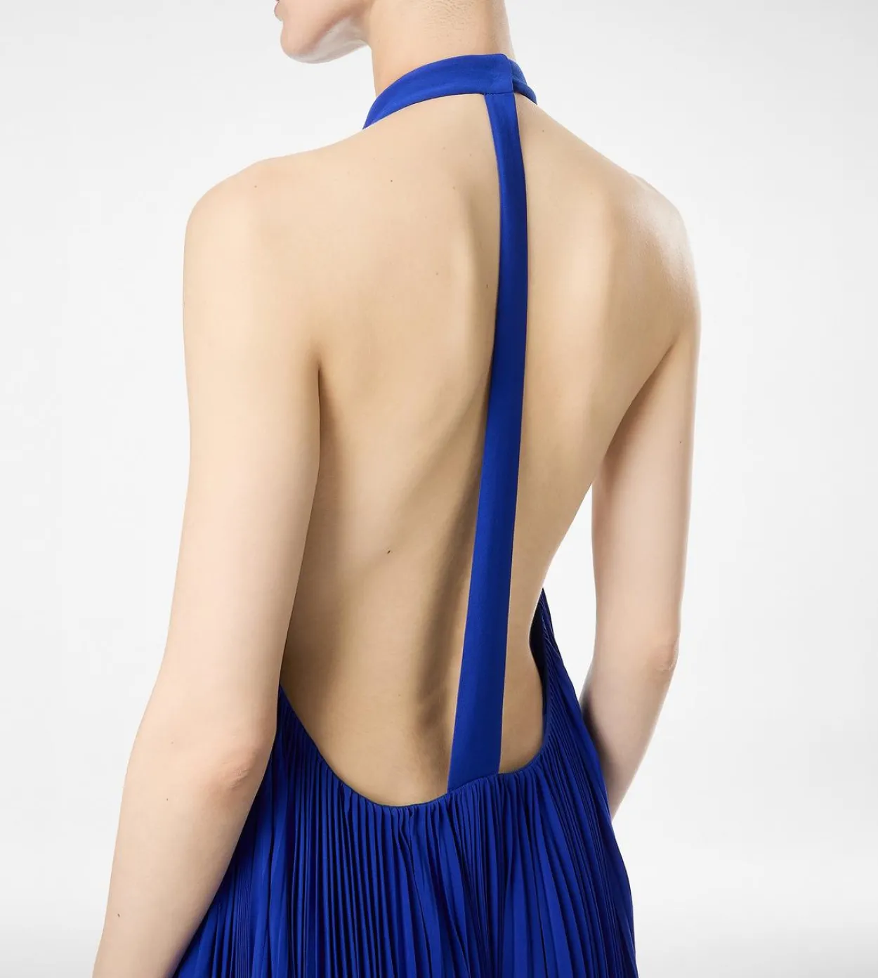 SILK HALTERNECK SUNRAY PLISSE EVENING DRESS