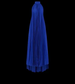 SILK HALTERNECK SUNRAY PLISSE EVENING DRESS