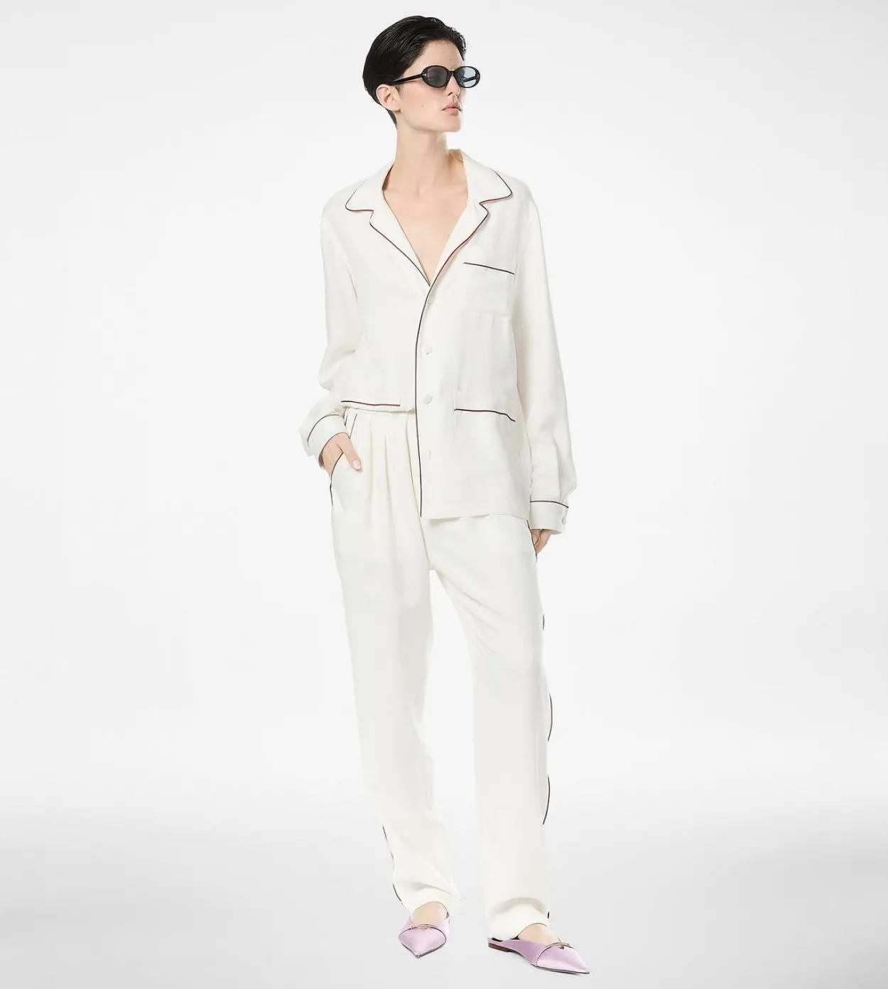 SILK TWILL PJ SHIRT WITH PIPING AND TONAL TF EMBROIDERED LOGO