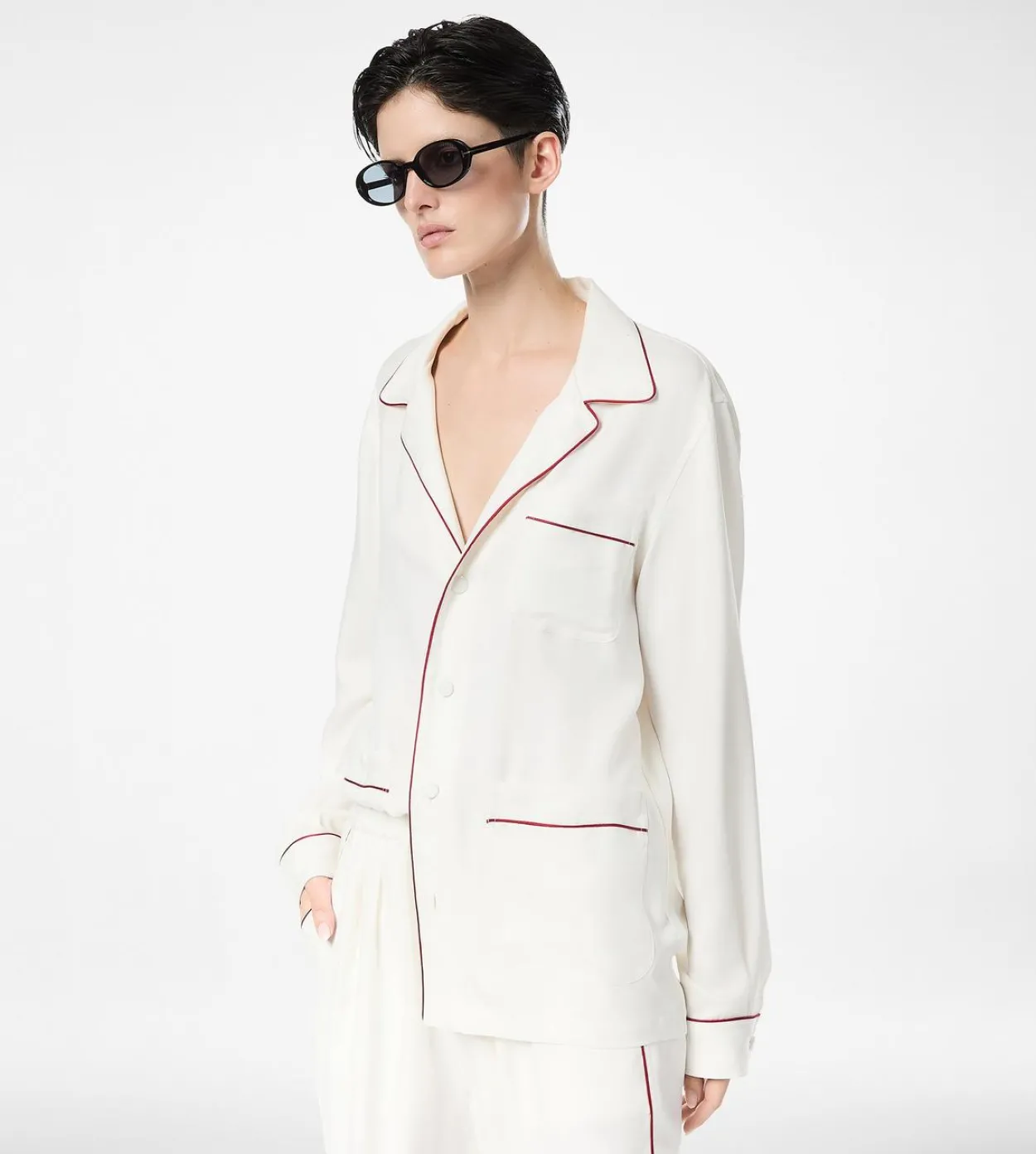 SILK TWILL PJ SHIRT WITH PIPING AND TONAL TF EMBROIDERED LOGO