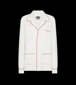 SILK TWILL PJ SHIRT WITH PIPING AND TONAL TF EMBROIDERED LOGO