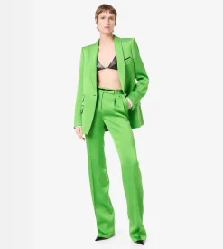 SILK WOOL TAILORED DOUBLE PLEAT STRAIGHT PANTS